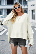 High-Low Slit Round Neck Long Sleeve Sweater - Hovatok