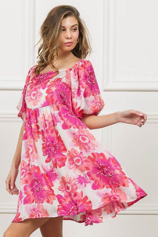 BiBi Floral Square Neck Puff Sleeve Mini Dress - Hovatok