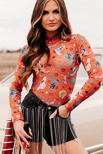 Printed Mock Neck Long Sleeve Bodysuit - Hovatok