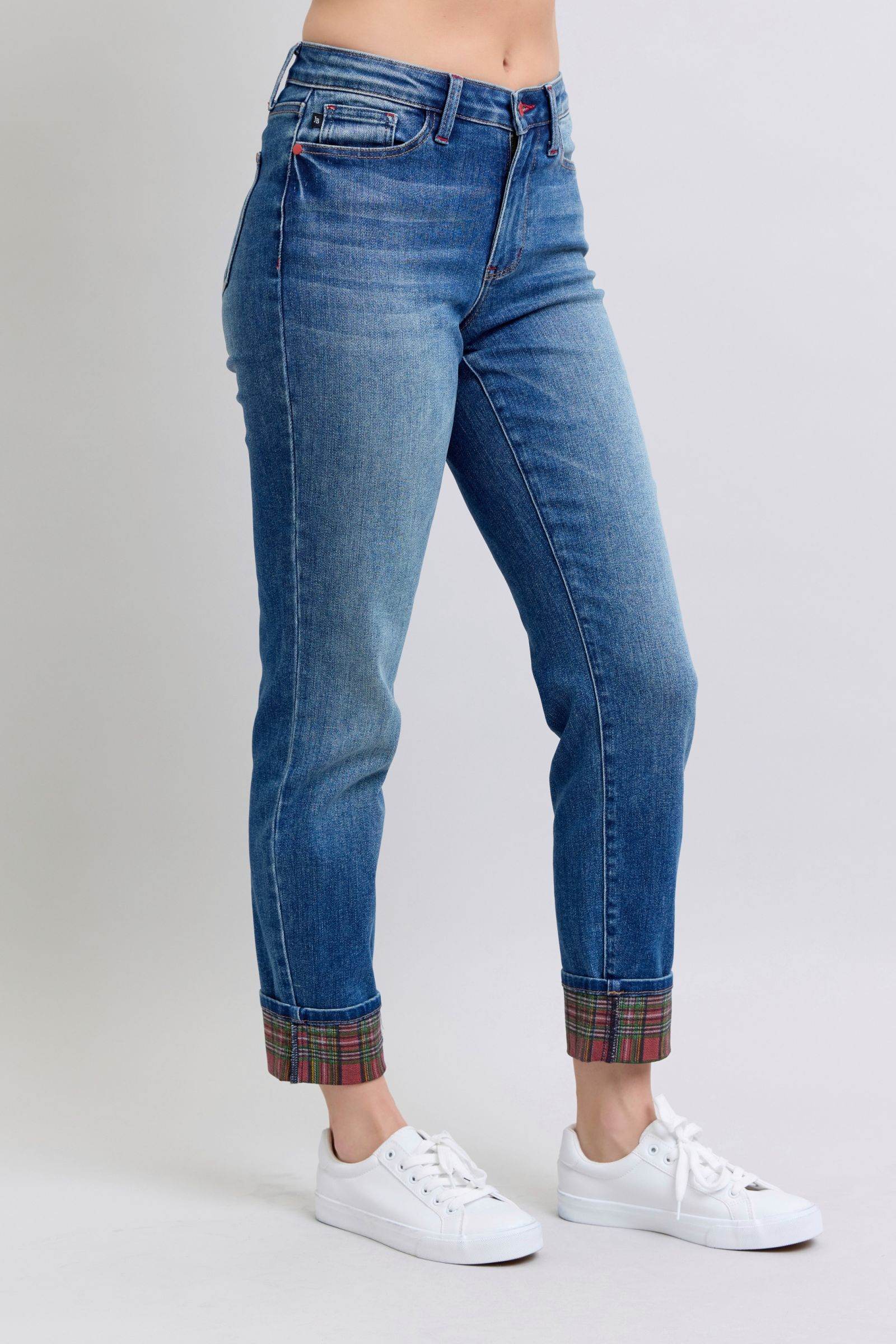 Judy Blue Full Size Plaid Print Cuff Straight Leg Jeans with Pockets - Hovatok