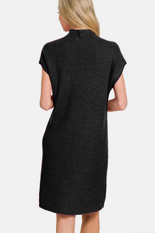 Zenana Mock Neck Short Sleeve Sweater Dress - Hovatok