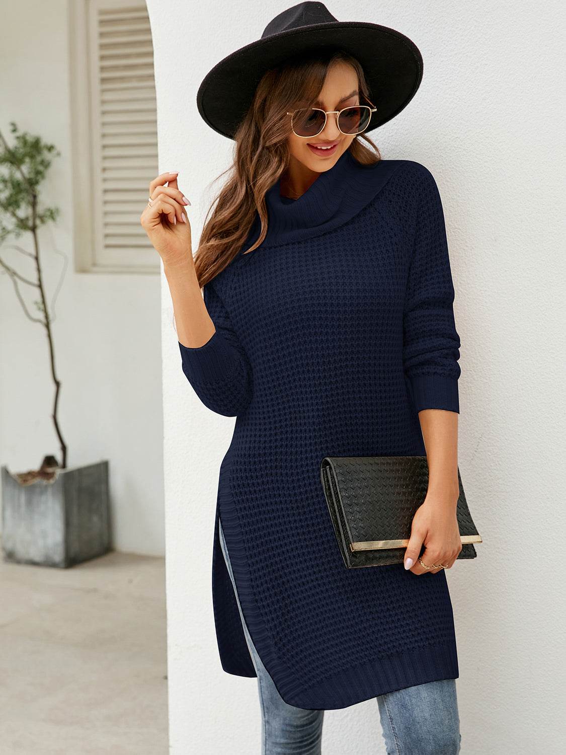 Turtleneck Waffle-Knit Slit Sweater Dress - Hovatok