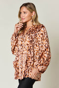 Double Take Full Size Printed Ruffle Trim Balloon Sleeve Shirt - Hovatok
