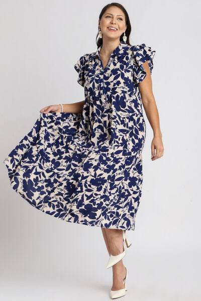 Umgee Full Size Floral Collared Ruffle Cap Sleeve Midi Dress Plus Size - Hovatok
