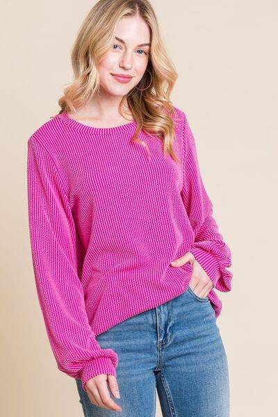 BOMBOM Long Sleeve Curved Hem Ribbed T-Shirt - Hovatok