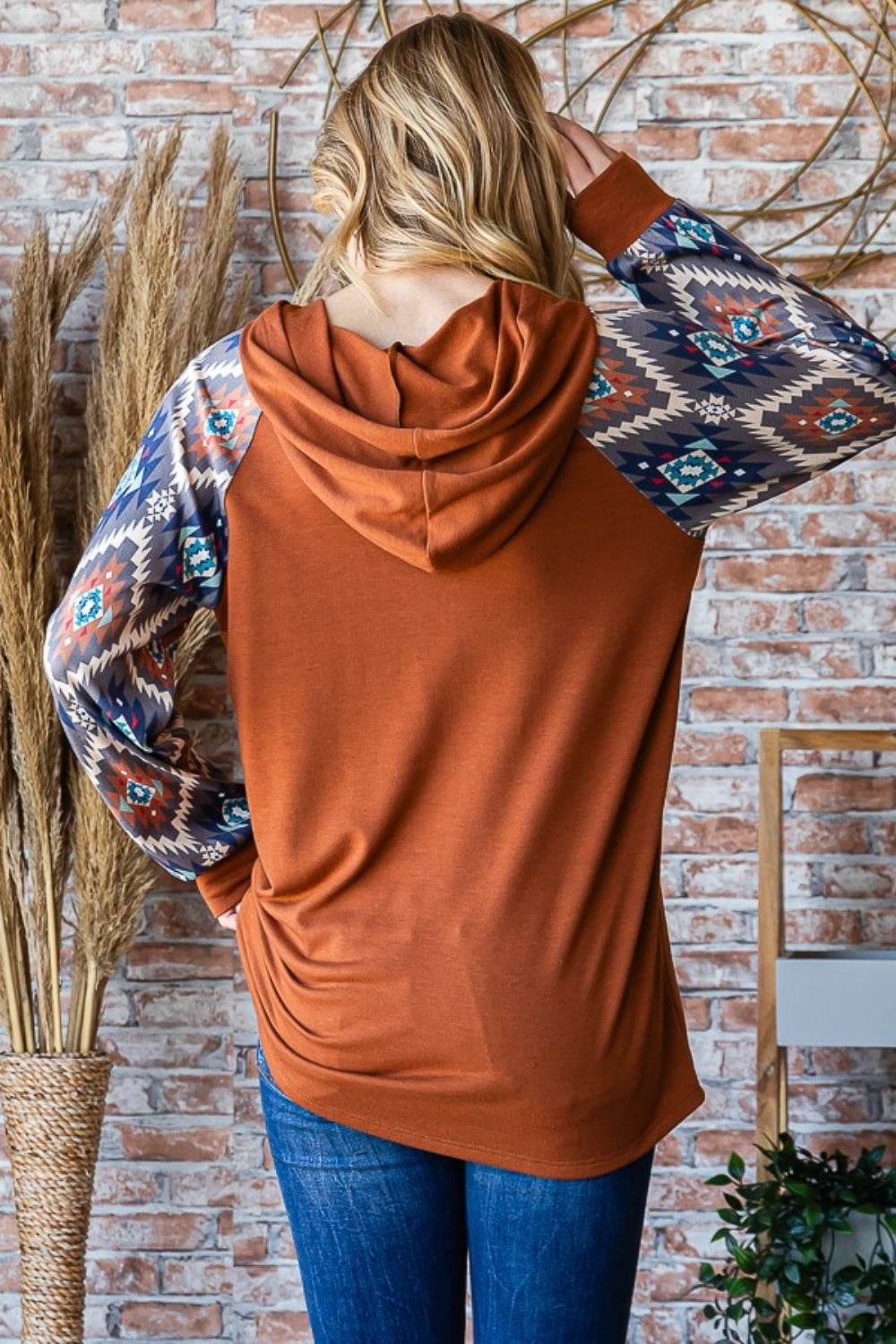 Heimish Full Size Half Button Printed Long Sleeve Hooded Top - Hovatok