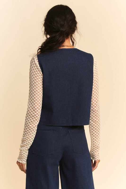 Davi & Dani Lace Patch Open Front Denim Vest - Hovatok
