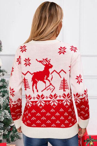 Angel Wings Deer Pattern Round Neck Long Sleeve Sweater - Hovatok