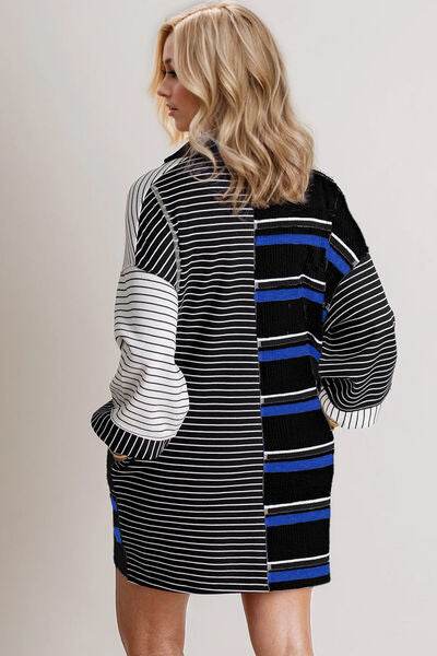 Oh Full Size Striped Half Button Long Sleeve Mini Dress - Hovatok