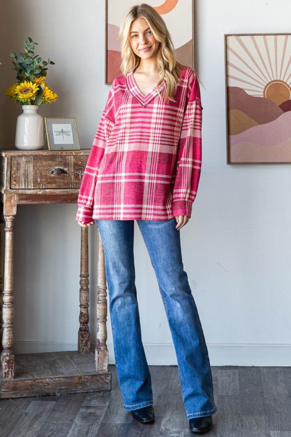 Heimish Plaid Drop Shoulder V-Neck T-Shirt - Hovatok