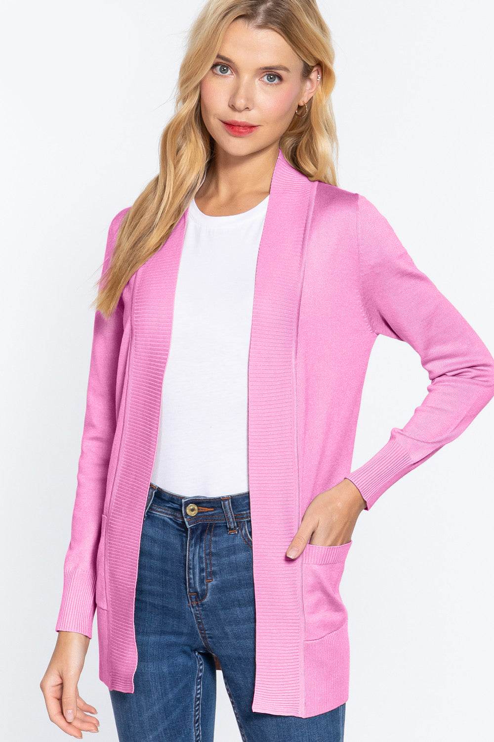 ACTIVE BASIC Ribbed Trim Open Front Cardigan - Hovatok