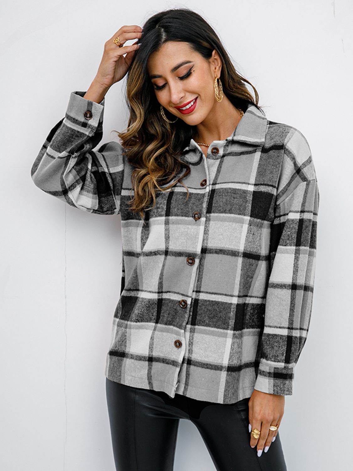 Shiny Plaid Button Up Collared Neck Jacket - Hovatok