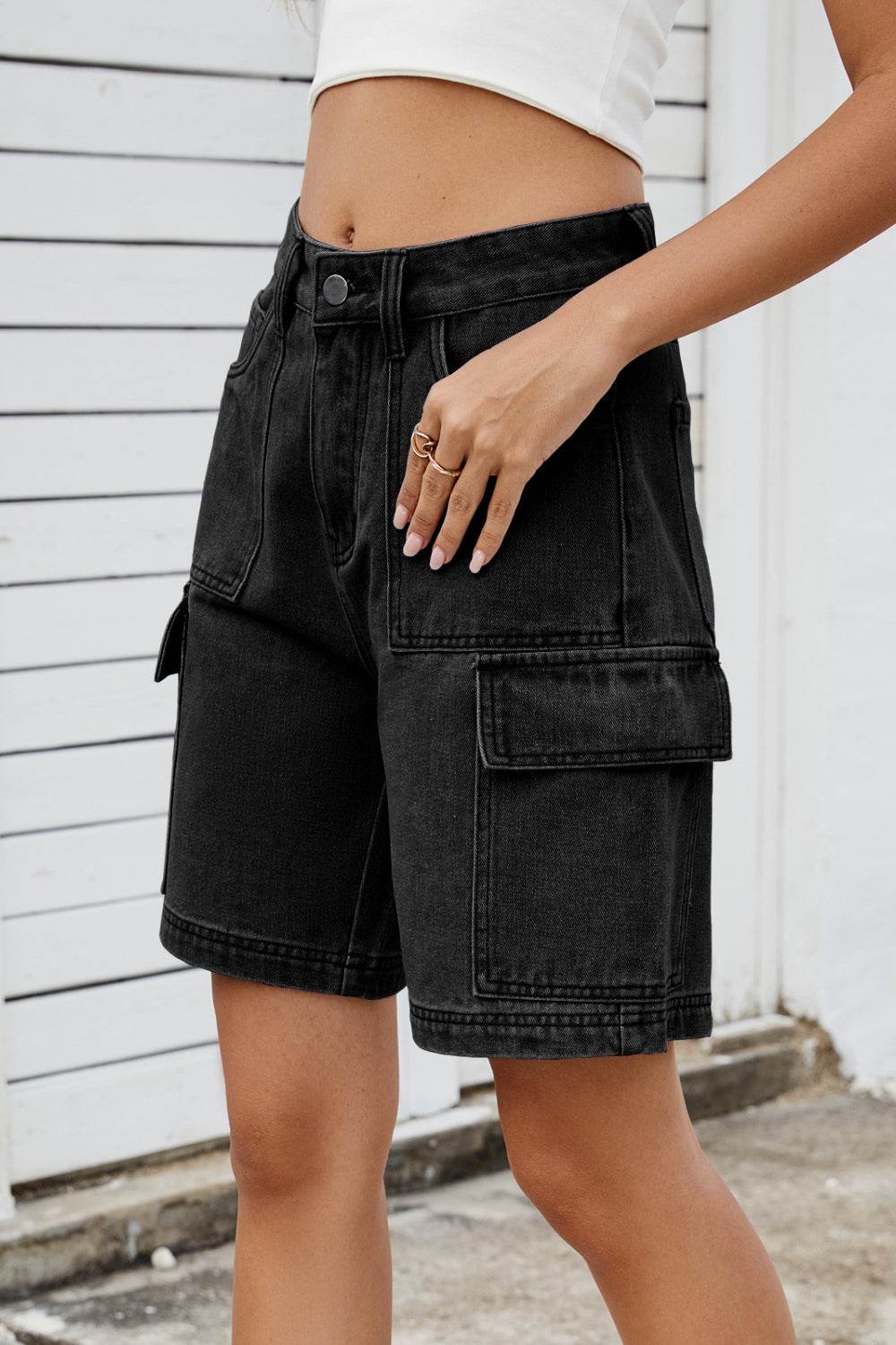 High Rise Denim Shorts with Cargo Pockets - Hovatok