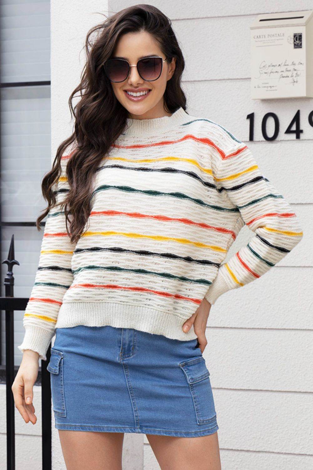 Striped Round Neck Long Sleeve Sweater - Hovatok