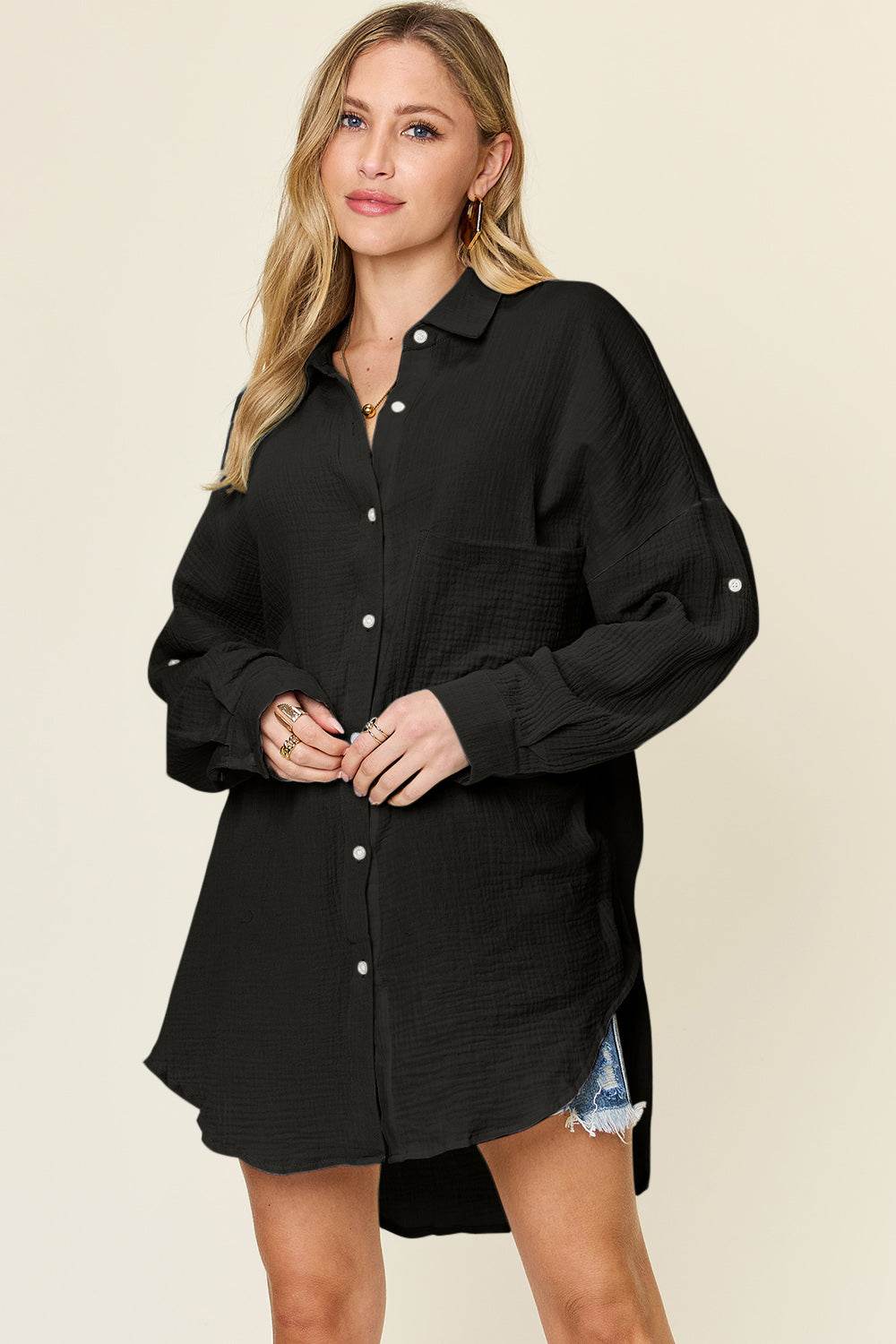 Double Take Full Size Pocketed Texture Button Up Shirt - Hovatok