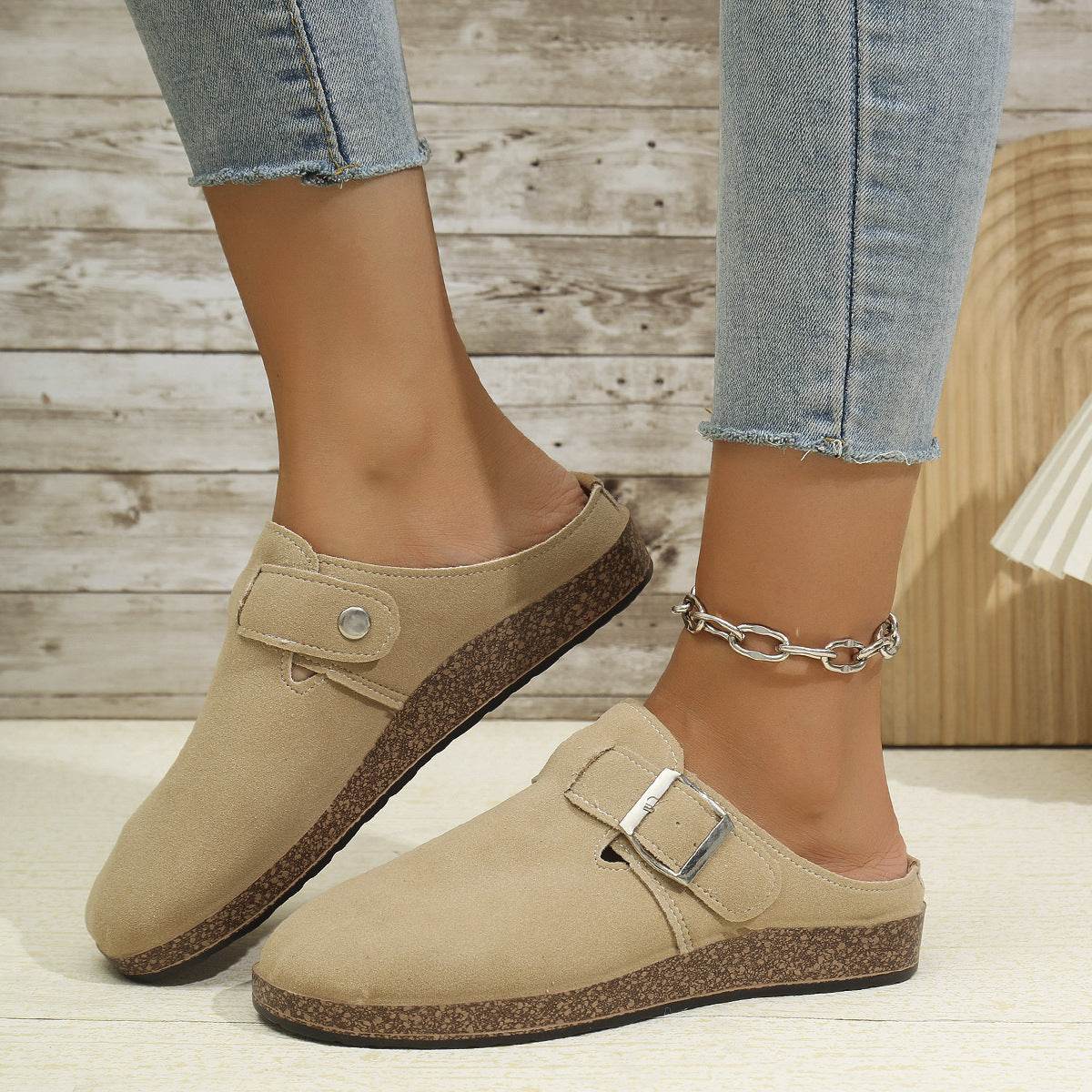 Suede Round Toe Buckle Slip-Ons - Hovatok