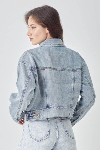 RISEN Full Size Button Down Cropped Denim Jacket - Hovatok