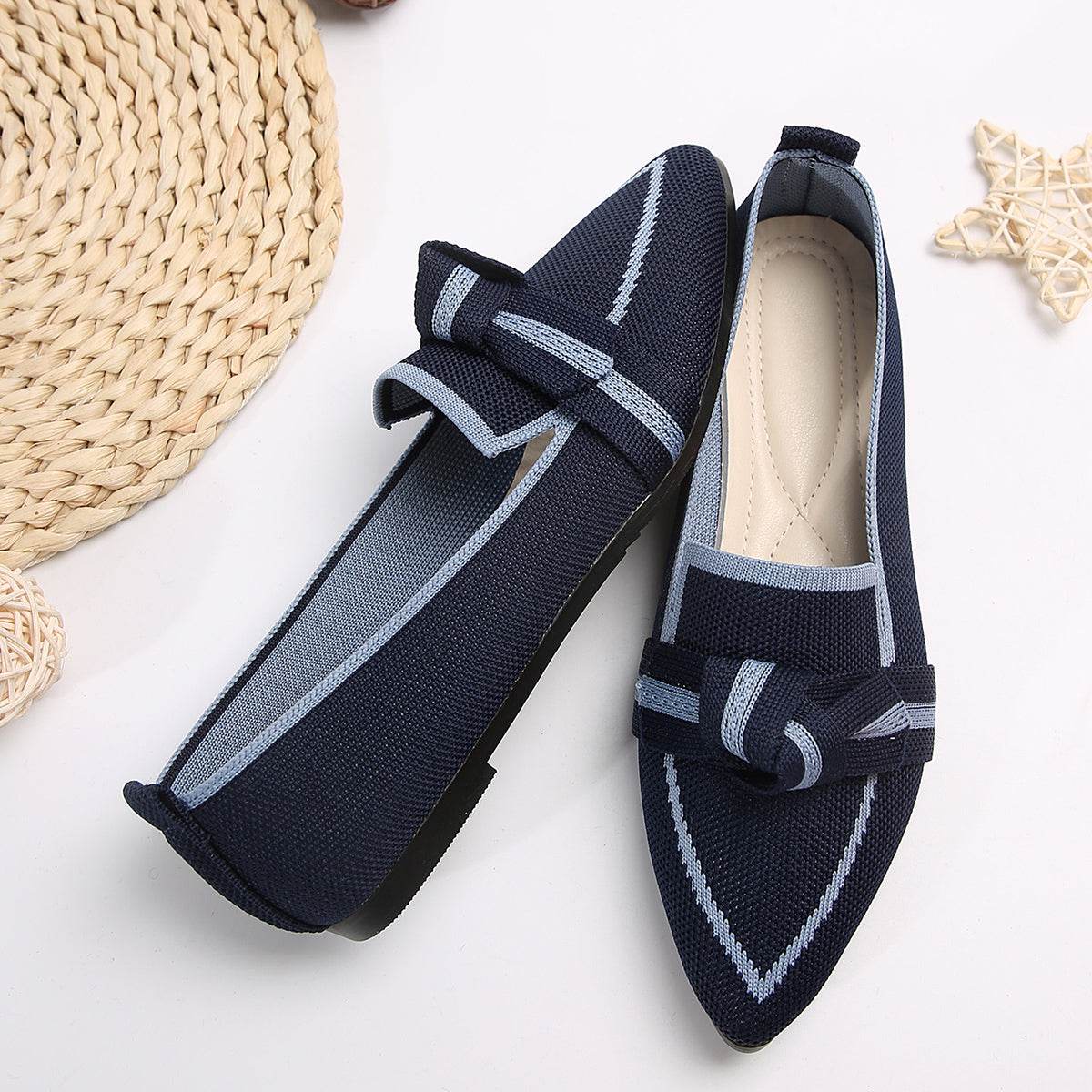 Bow Contrast Trim Point Toe Loafers - Hovatok
