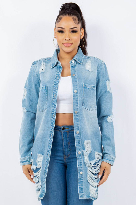 American Bazi Distressed Button Up Long Sleeve Denim Jacket - Hovatok