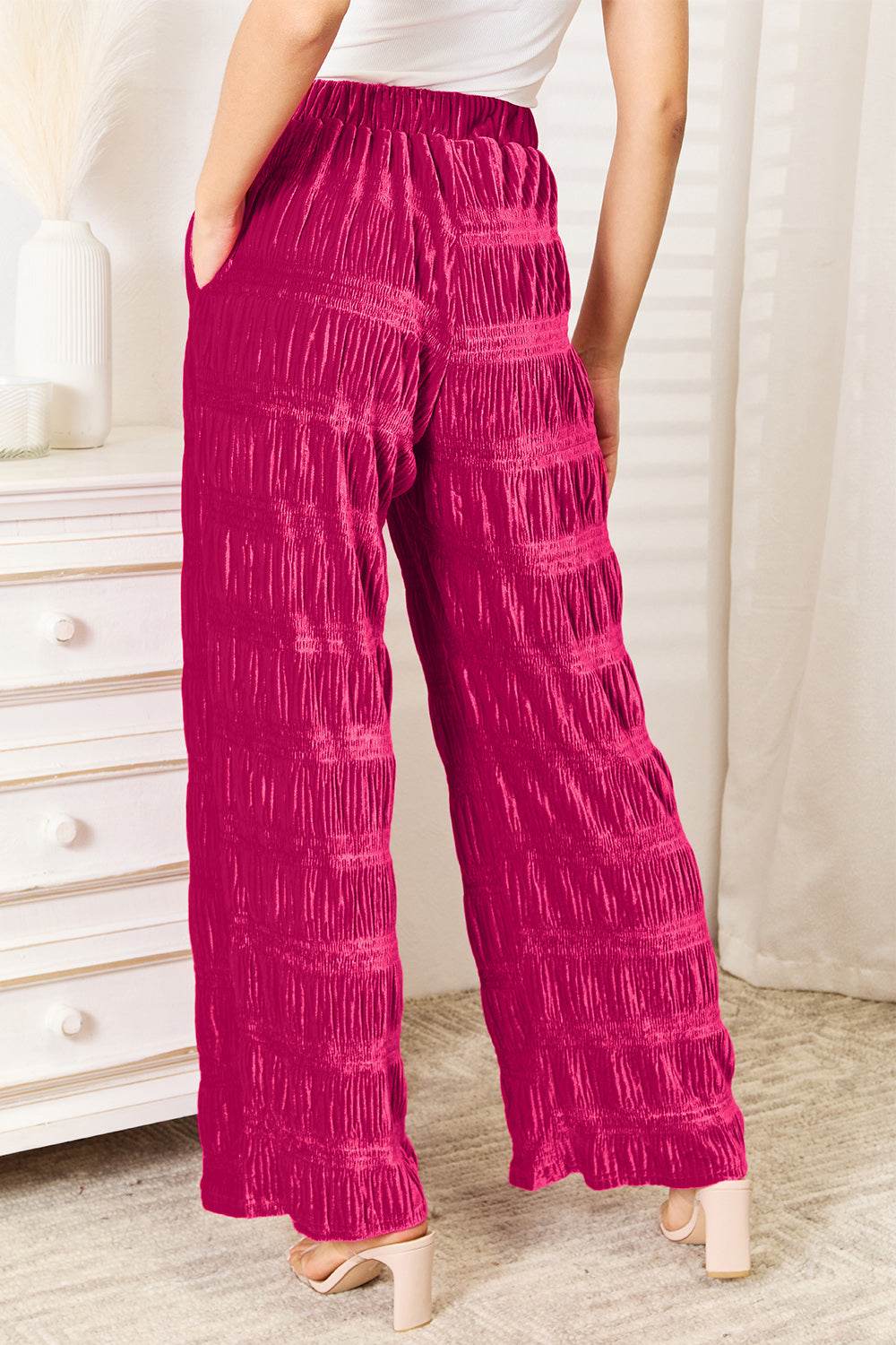 Double Take Full Size High Waist Tiered Shirring Velvet Wide Leg Pants - Hovatok