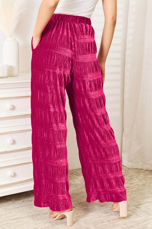 Double Take Full Size High Waist Tiered Shirring Velvet Wide Leg Pants - Hovatok