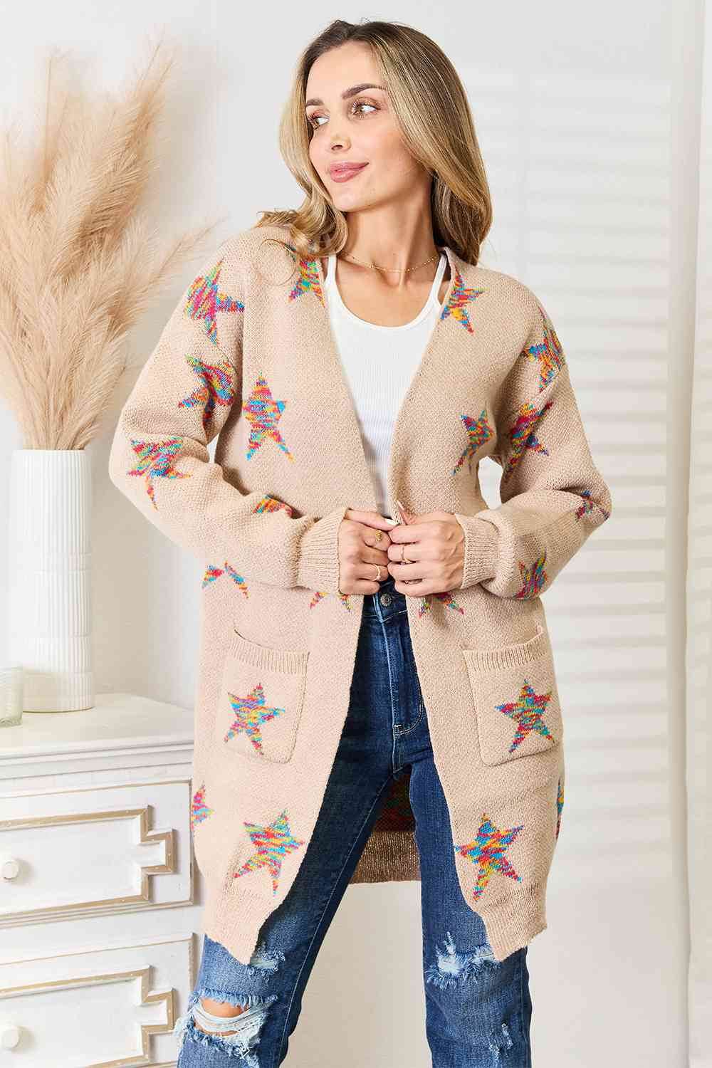 Angel Wings Star Pattern Open Front Longline Cardigan - Hovatok
