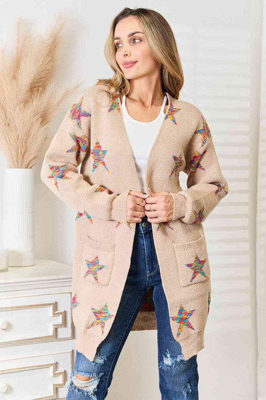 Angel Wings Star Pattern Open Front Longline Cardigan - Hovatok