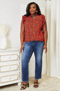 Double Take Floral Flutter Sleeve Notched Neck Blouse - Hovatok