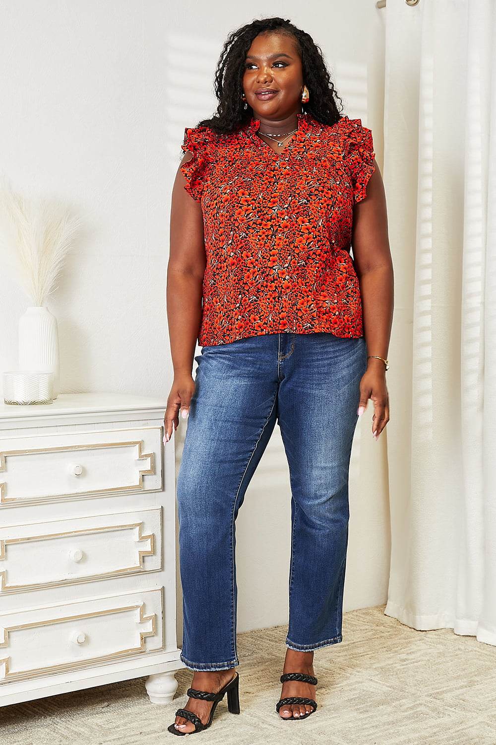 Double Take Floral Flutter Sleeve Notched Neck Blouse - Hovatok