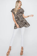 Heimish Full Size Leopard Round Neck Short Sleeve Blouse Plus Size - Hovatok