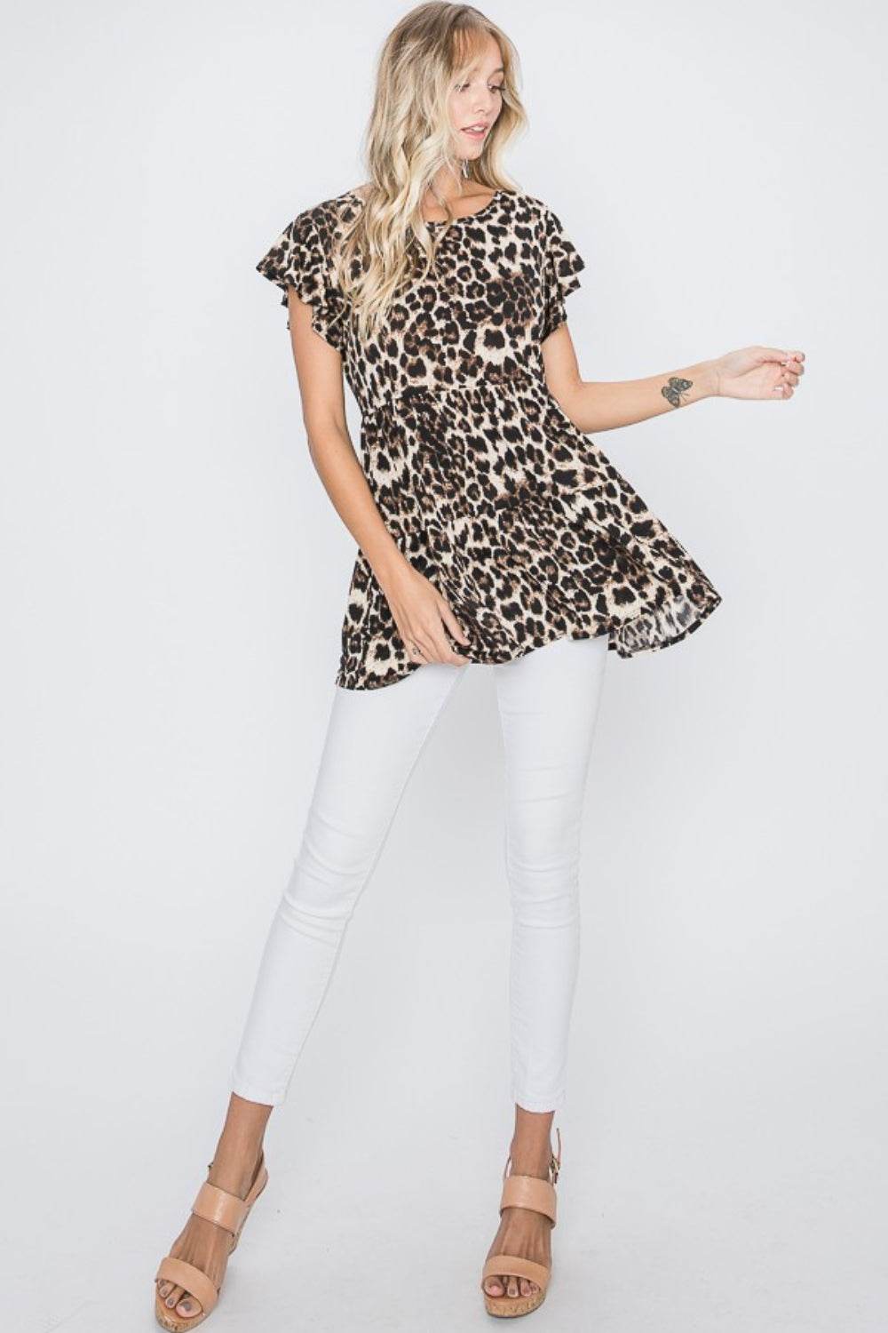Heimish Full Size Leopard Round Neck Short Sleeve Blouse Plus Size - Hovatok