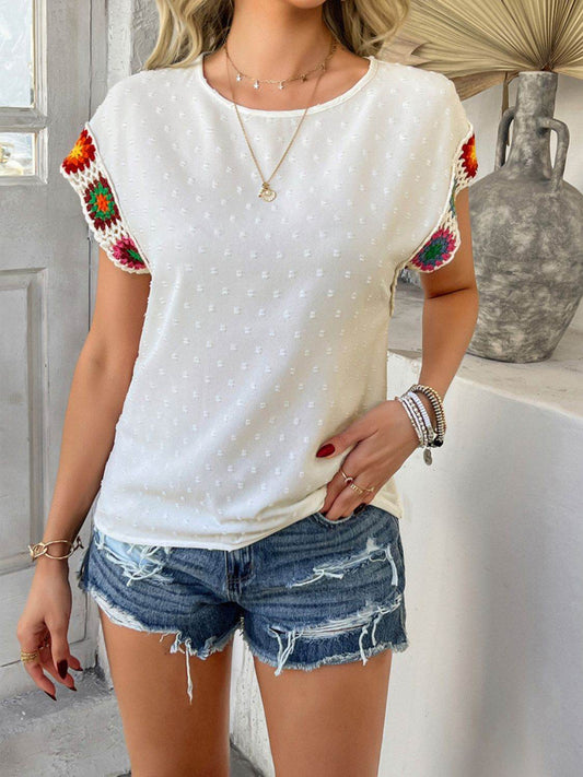 Devine Swiss Dot Round Neck Crochet Short Sleeve Top - Hovatok