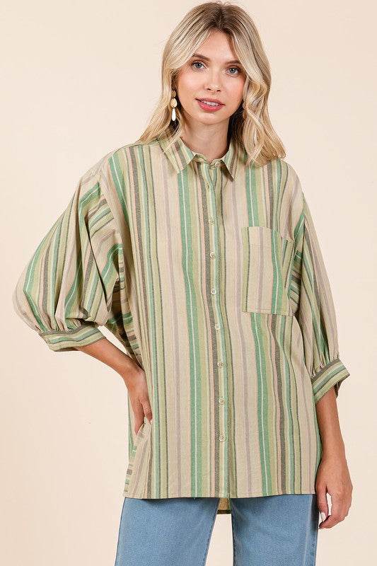 Mittoshop Striped Bubble Sleeve Button Down Shirt - Hovatok