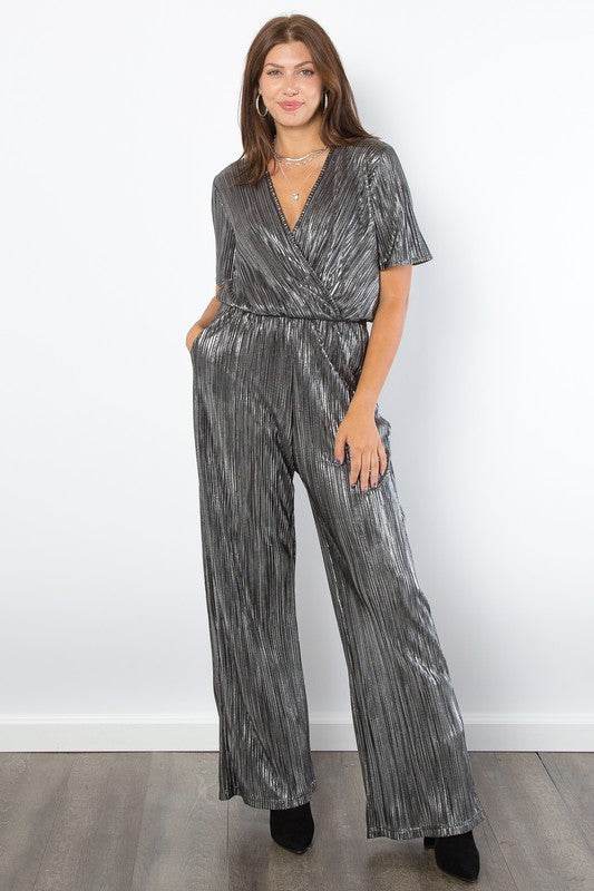 Be Stage Surplice Short Sleeve Pleated Foil Jumpsuit - Hovatok