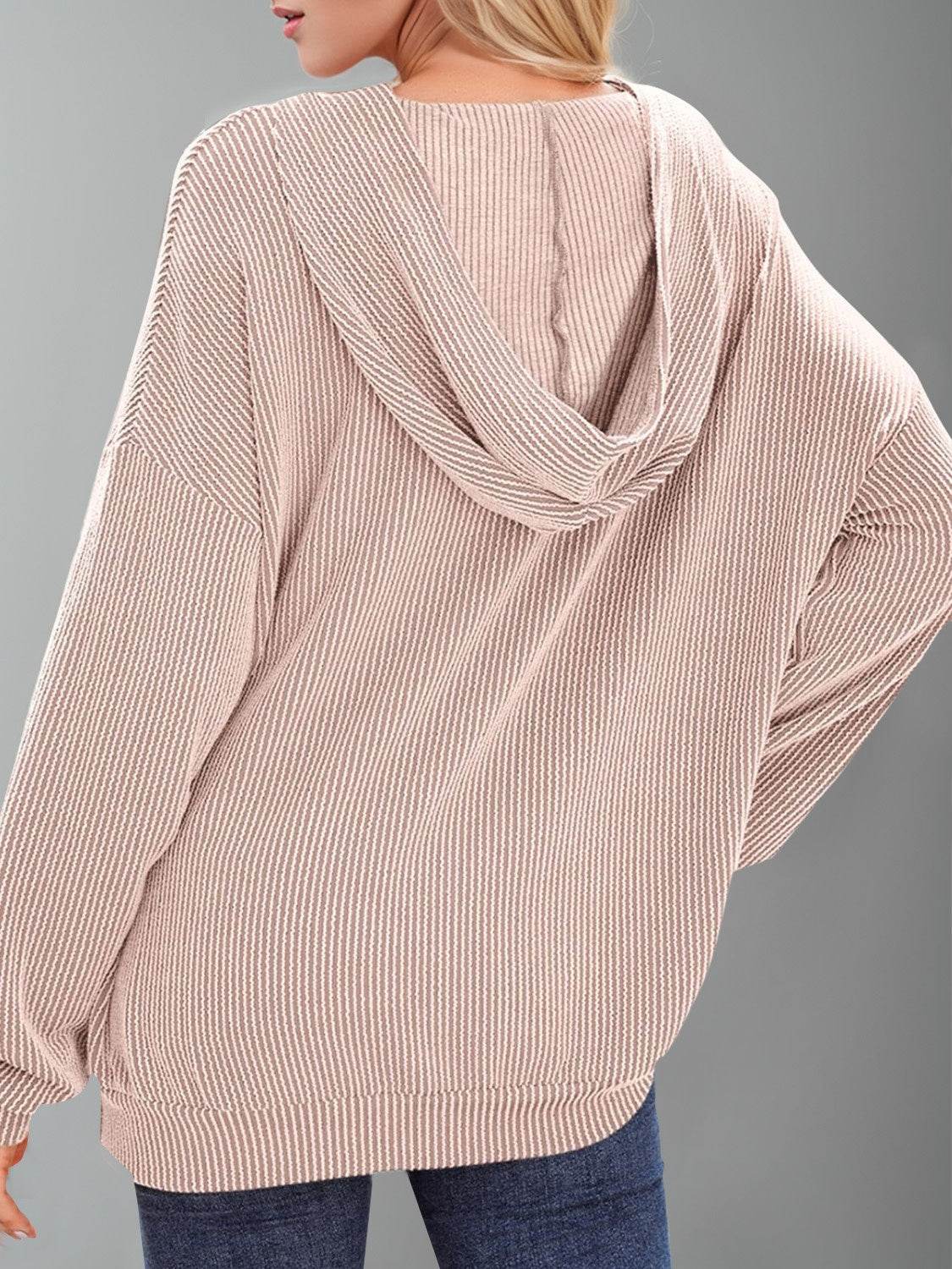Double Take Textured Kangaroo Pocket Long Sleeve Hoodie - Hovatok