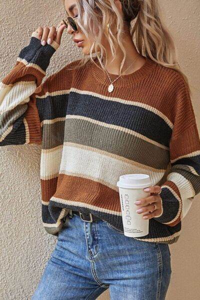 Contrast Striped Round Neck Long Sleeve Sweater - Hovatok