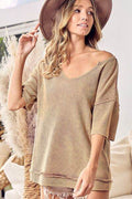 BiBi Washed Notched Short Sleeve Top - Hovatok