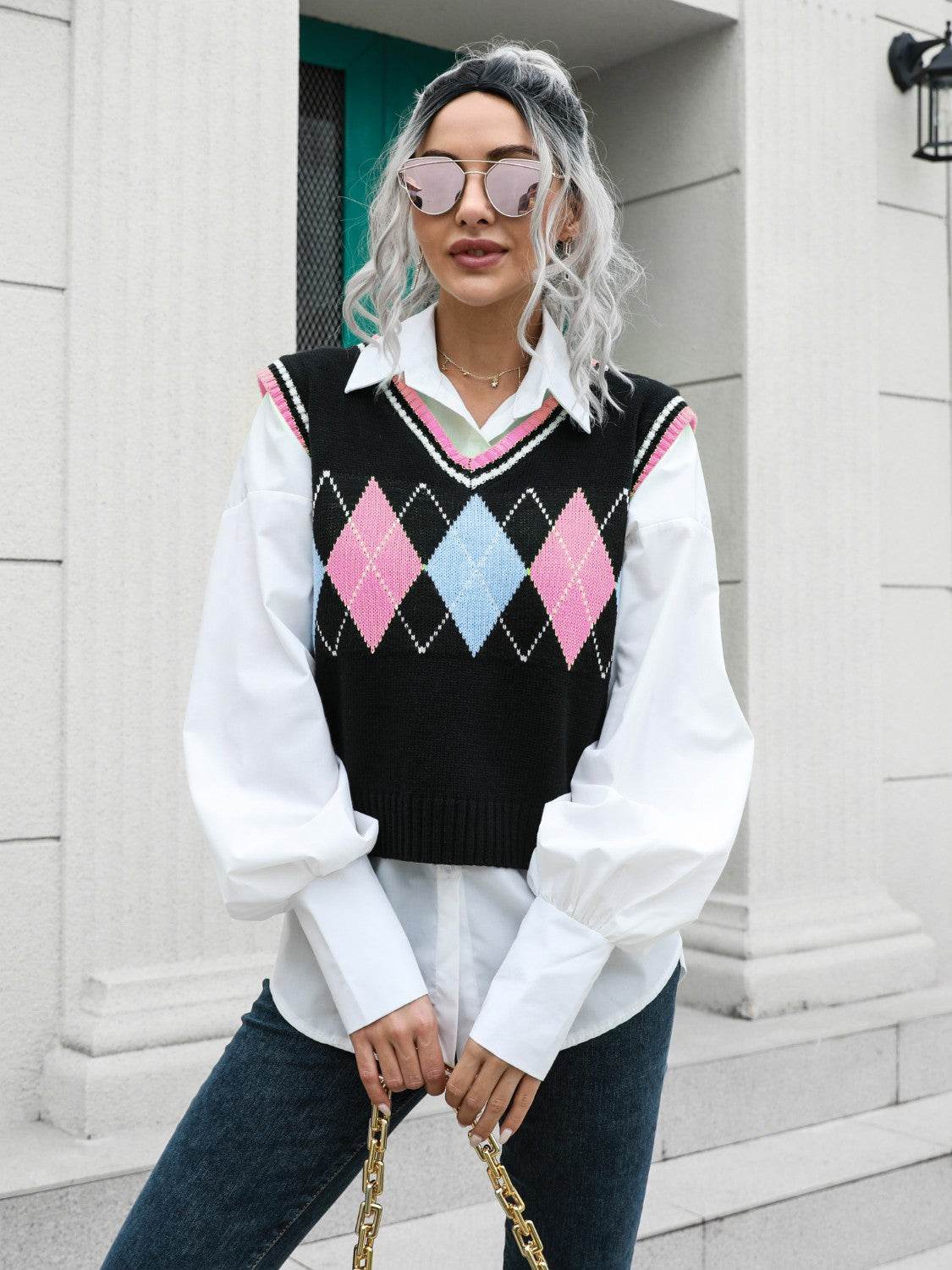 Geometric V-Neck Sweater Vest - Hovatok