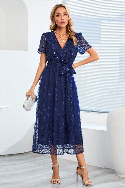 Sequin Leaf Embroidery Tie Front Short Sleeve Dress - Hovatok
