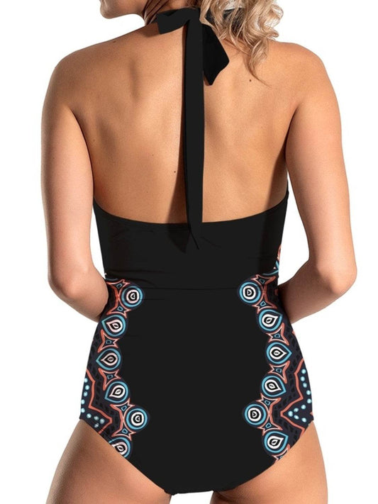 FAM-FAM Cutout Printed Halter Neck One-Piece Swimwear - Hovatok