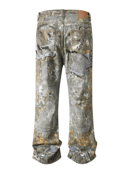 Men's Wide Straight Printed Jeans with Pockets - Hovatok