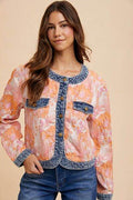 Annie Wear Floral Jacquard Denim Contrast Button Down Jacket - Hovatok