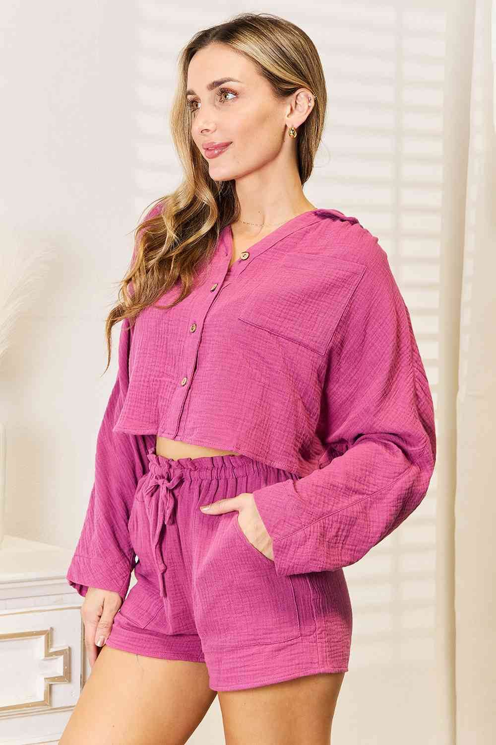 Basic Bae Buttoned Long Sleeve Top and Shorts Set - Hovatok