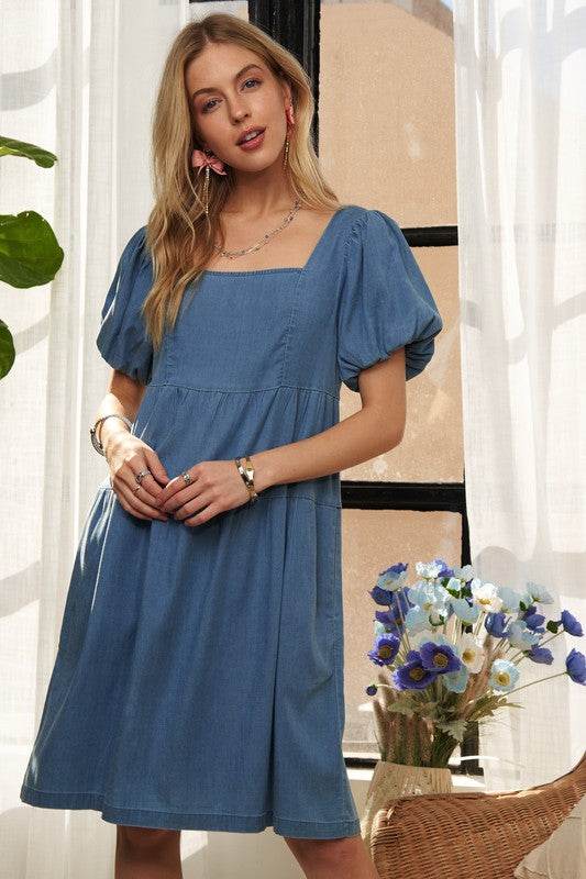 ADORA Square Neck Puff Sleeve Denim Dress - Hovatok