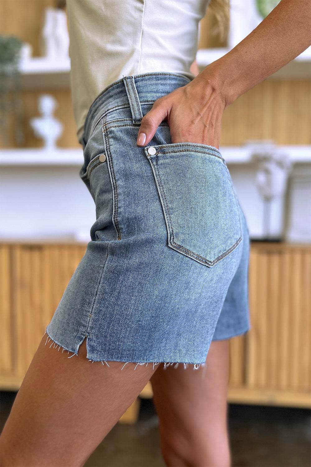 Judy Blue Full Size High Waist Raw Hem Denim Shorts - Hovatok