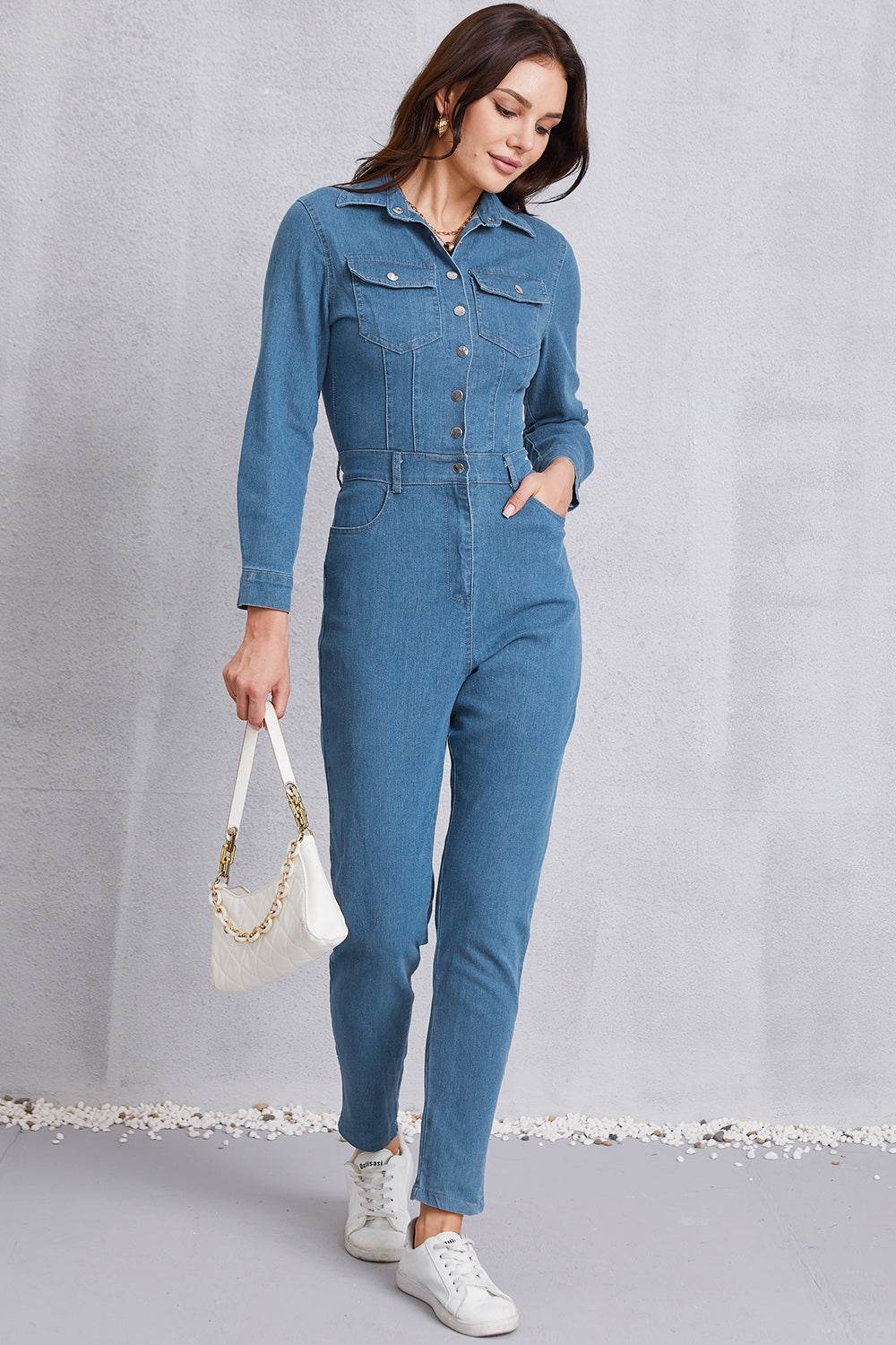 Snap Down Denim Jumpsuit with Pockets - Hovatok