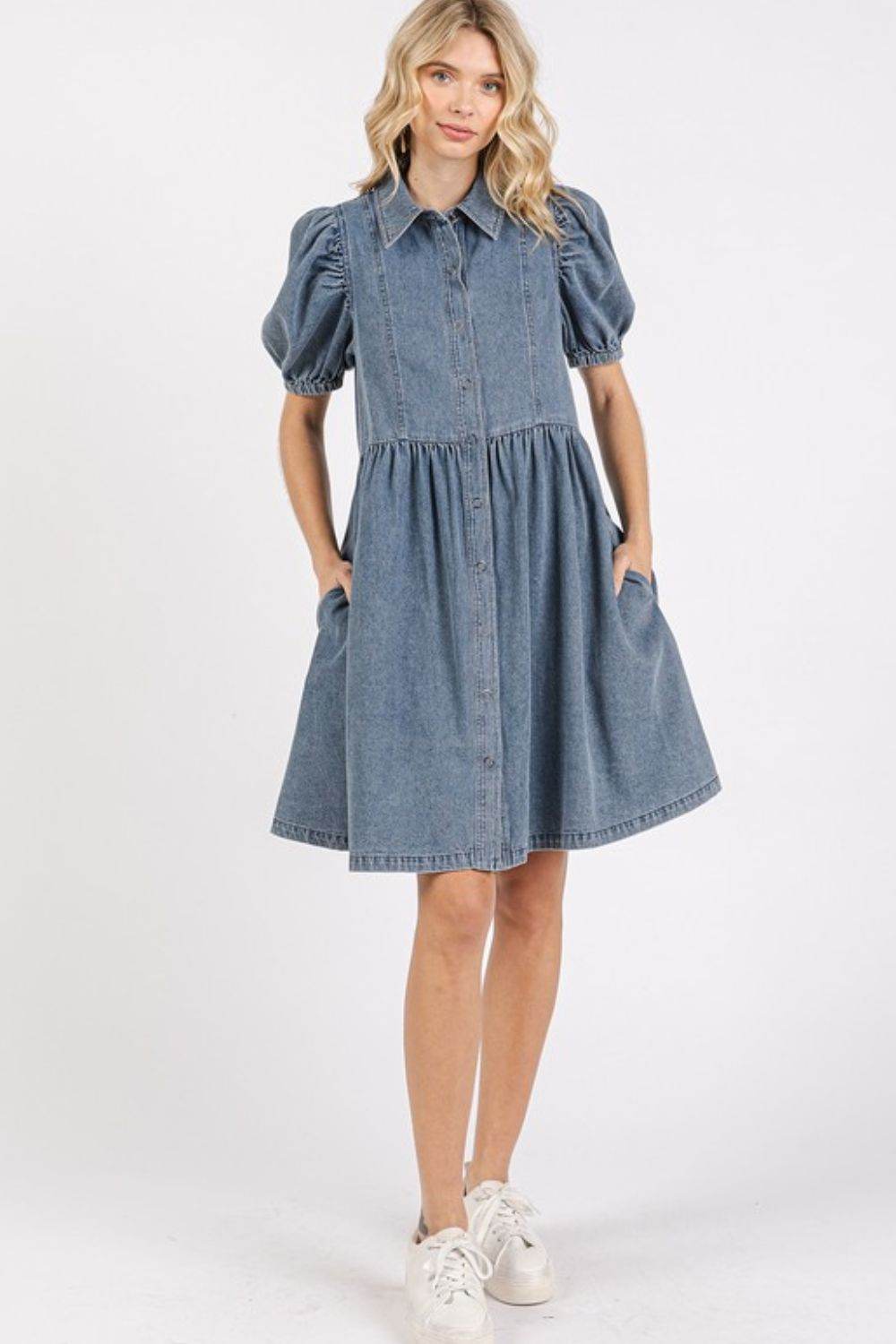 Mittoshop Button Down Puff Sleeve Denim Dress - Hovatok