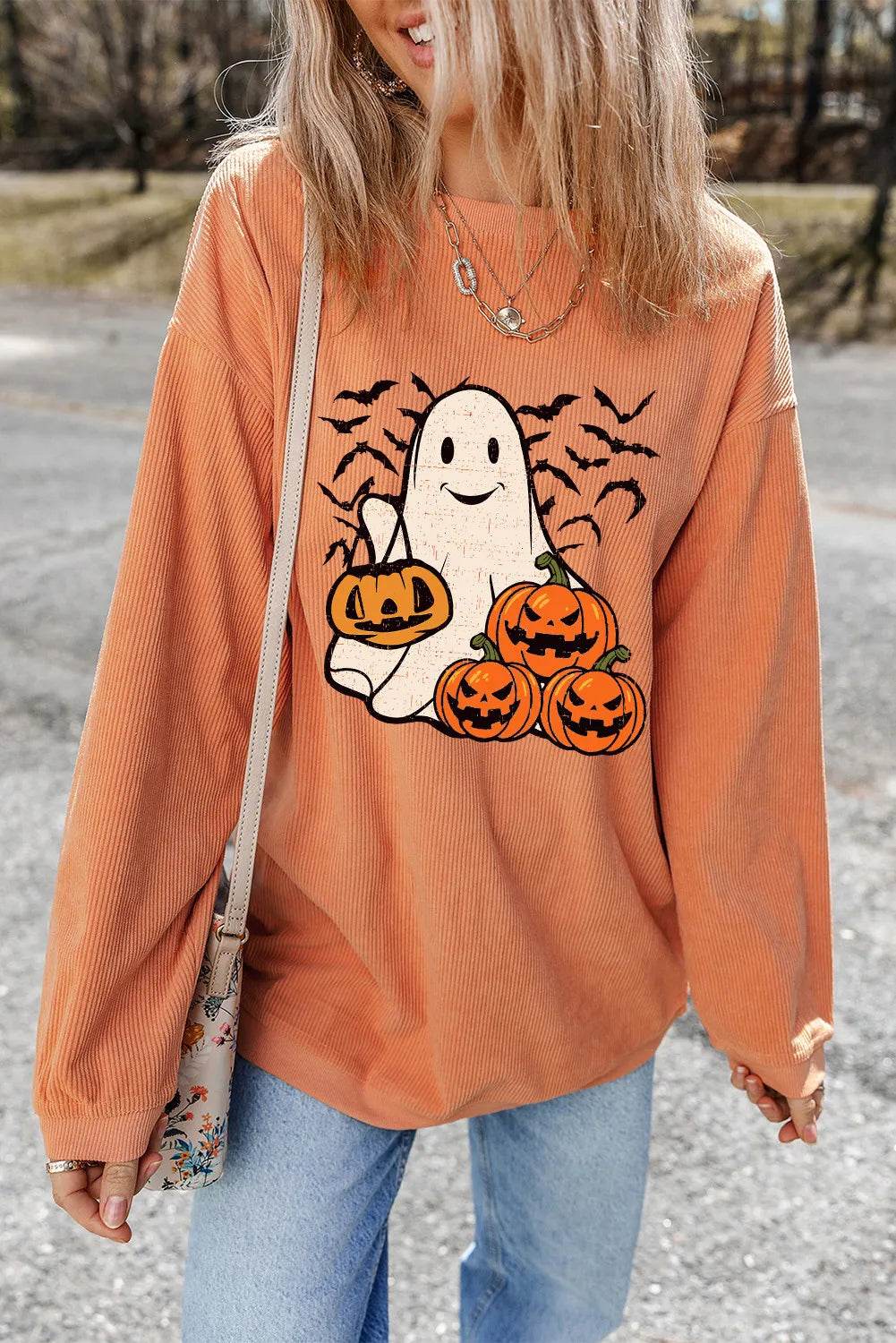 Jack-O'-Lantern Round Neck Long Sleeve Sweatshirt - Hovatok