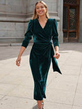 Surplice Puff Sleeve Midi Dress - Hovatok