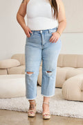 RFM Full Size Tummy Control High Waist Raw Hem Distressed Jeans - Hovatok
